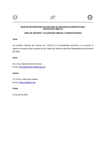 Los posibles impactos del Decreto Ley 17/2019 en la accesibilidad económica a la vivienda: el régimen de alquiler bajo el análisis de los índices de referencia del Área Metropolitana de Barcelona del 2020