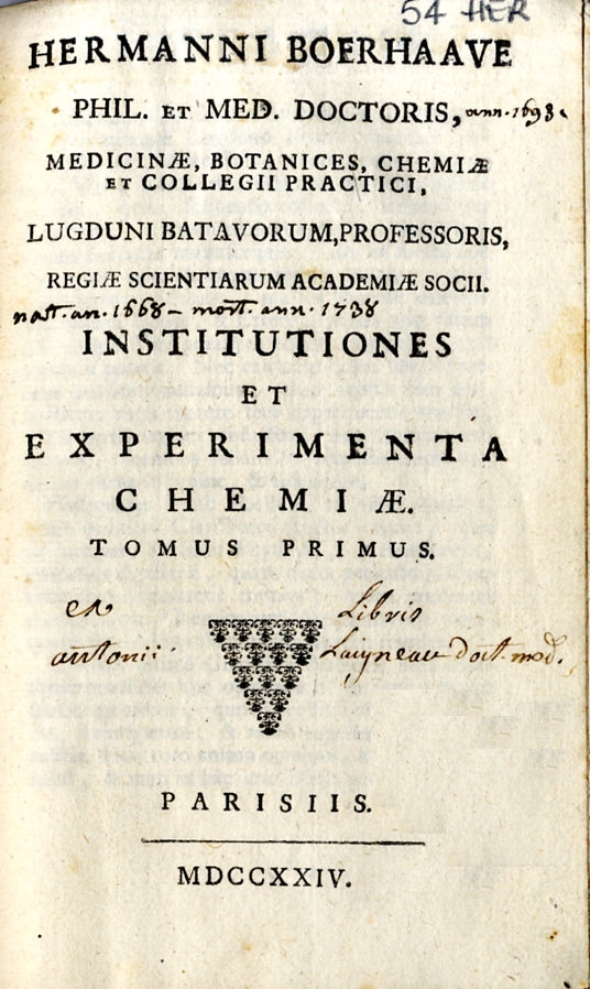 Institutiones et experimenta chemiae / Hermanni Boerhaave