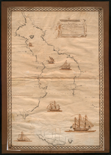 Plano de la ria de Pontevedra con las islas Ons y Onza cuyo extremo N. de la primera está por latitud N. 42º 24' 45'' y longitud occidental de Cádiz 21 32' 30''