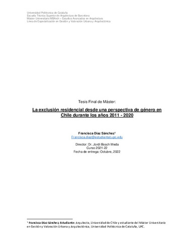 La exclusión residencial desde una perspectiva de género en Chile durante los años 2011 - 2020