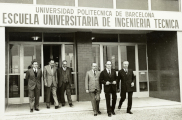 Autoritats sortint per la porta principal de la nova Escola. 1974
